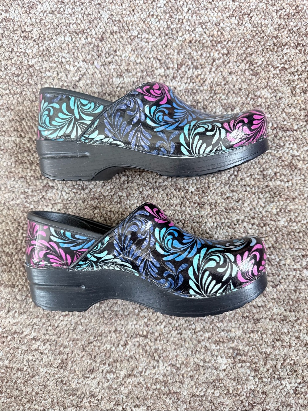 Dansko Black Clogs with Pink & Blue Floral Swirl - Picture 8 of 8